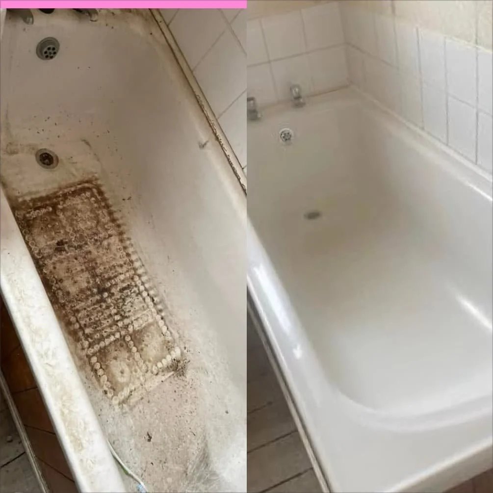 Bathtub shown dirty on the left and cleaned white on the right